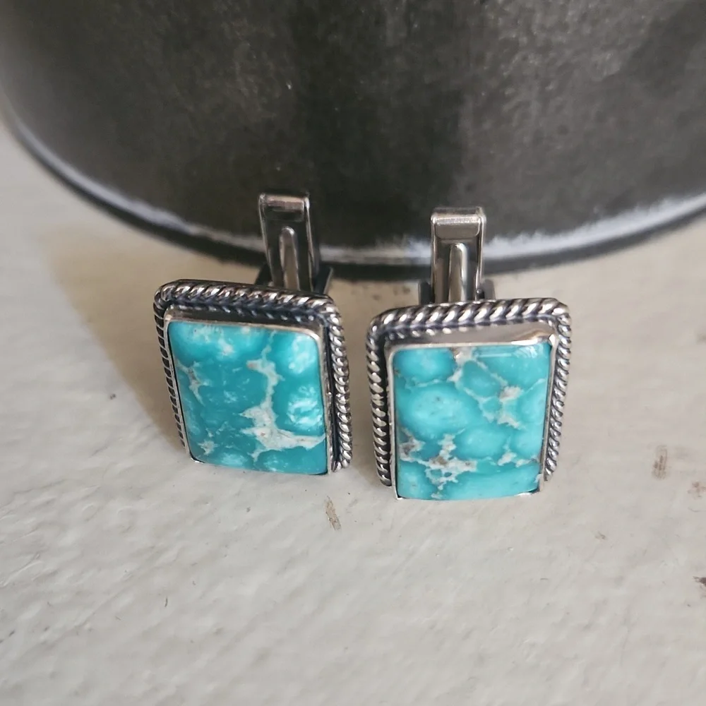 Rare NWOT Native American Handmade Whitewater Turquoise Men's Cufflinks 💙🖤🎁